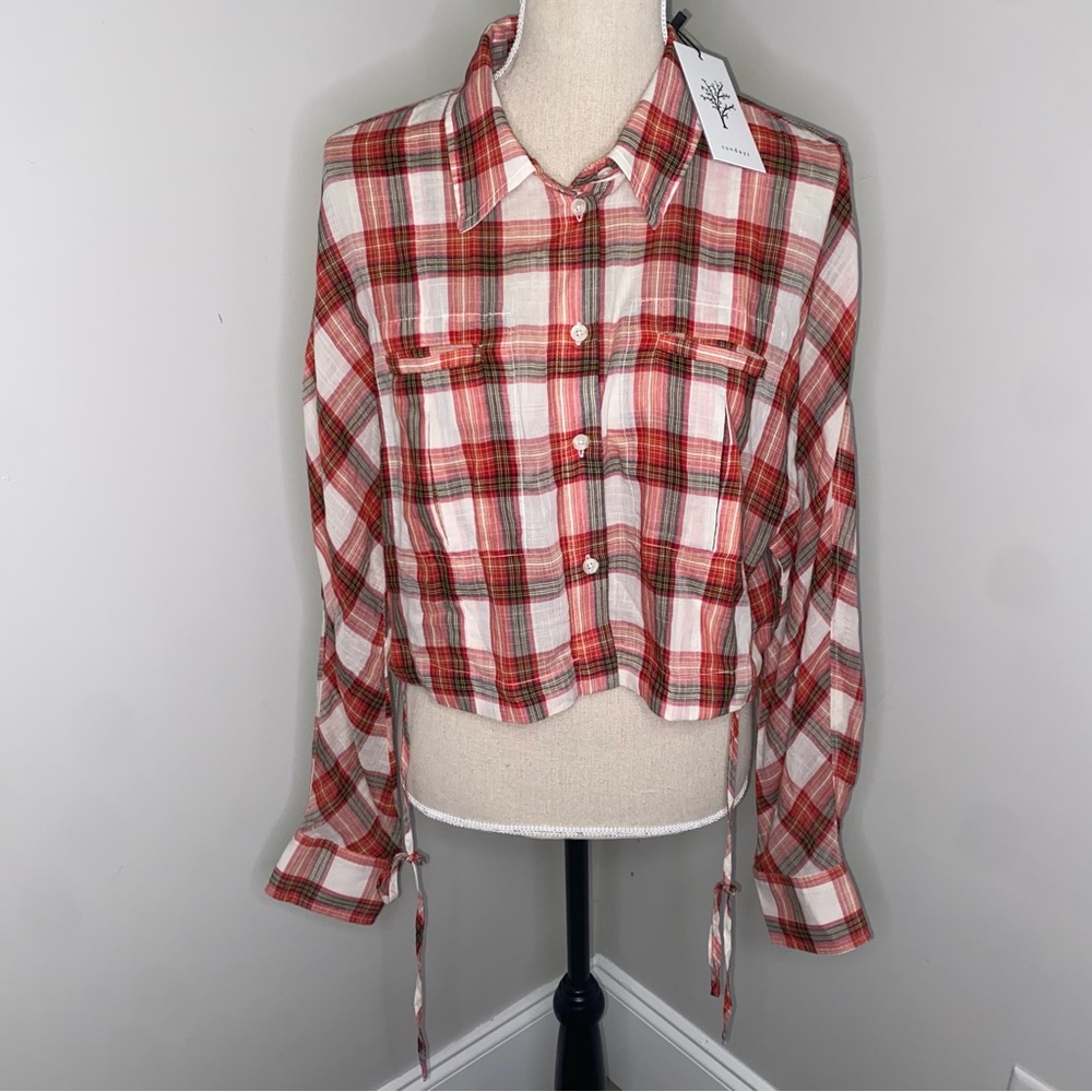 Sundays NEW red plaid Emma cropped long sleeve button front shirt size Large